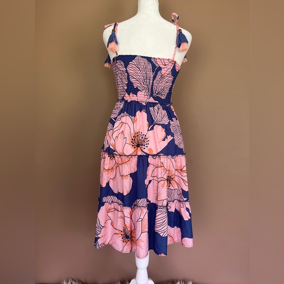 {Maaji} Smocked Chest Tiered Floral Mini Dress with Tie Straps - Womens Small - Picture 5 of 11